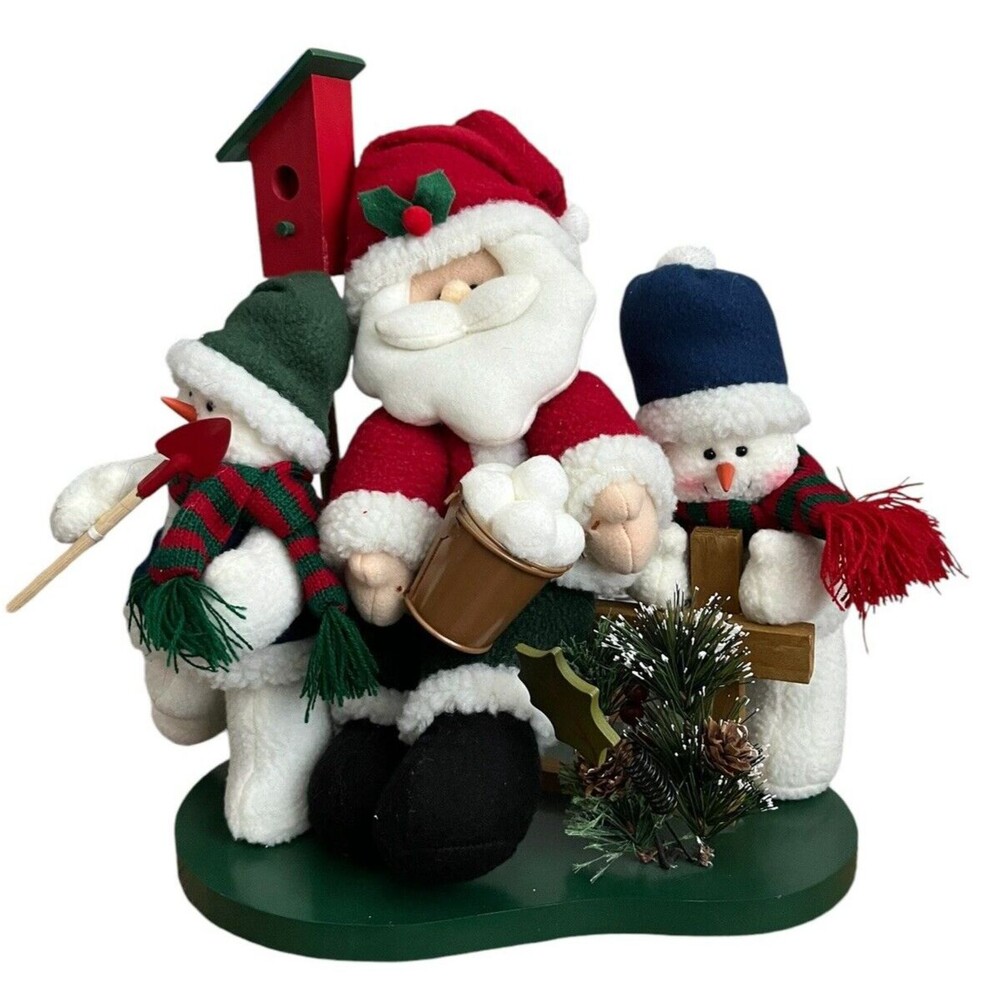 Stuffed Santa and Snowmen Birdhouse Wood Base Christmas Decoration Holiday